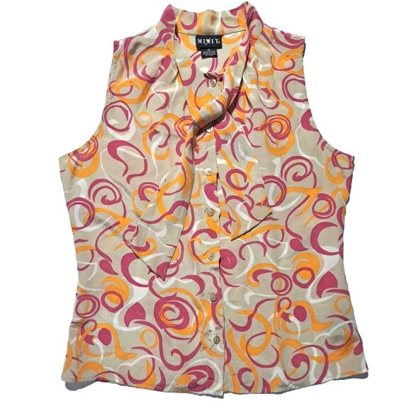 Mixit Tops - Vintage Mixit 100% Silk Tie Neck Top Sleeve Less Button Down Blouse Sz 8 Casual